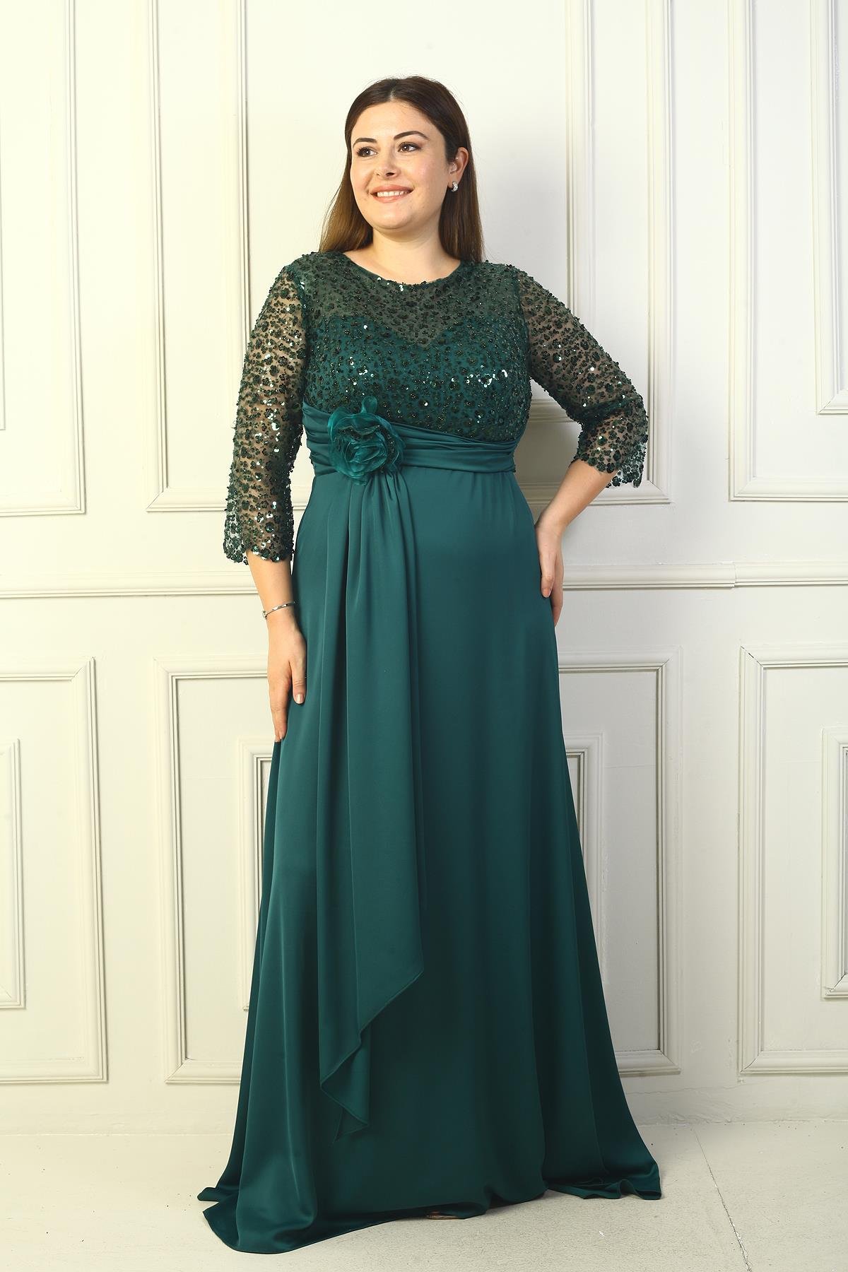 S-24Y0230039KadınÇiçekli Altı Saten Üstü Gritel Astarlı B.B. Uzun Elbise