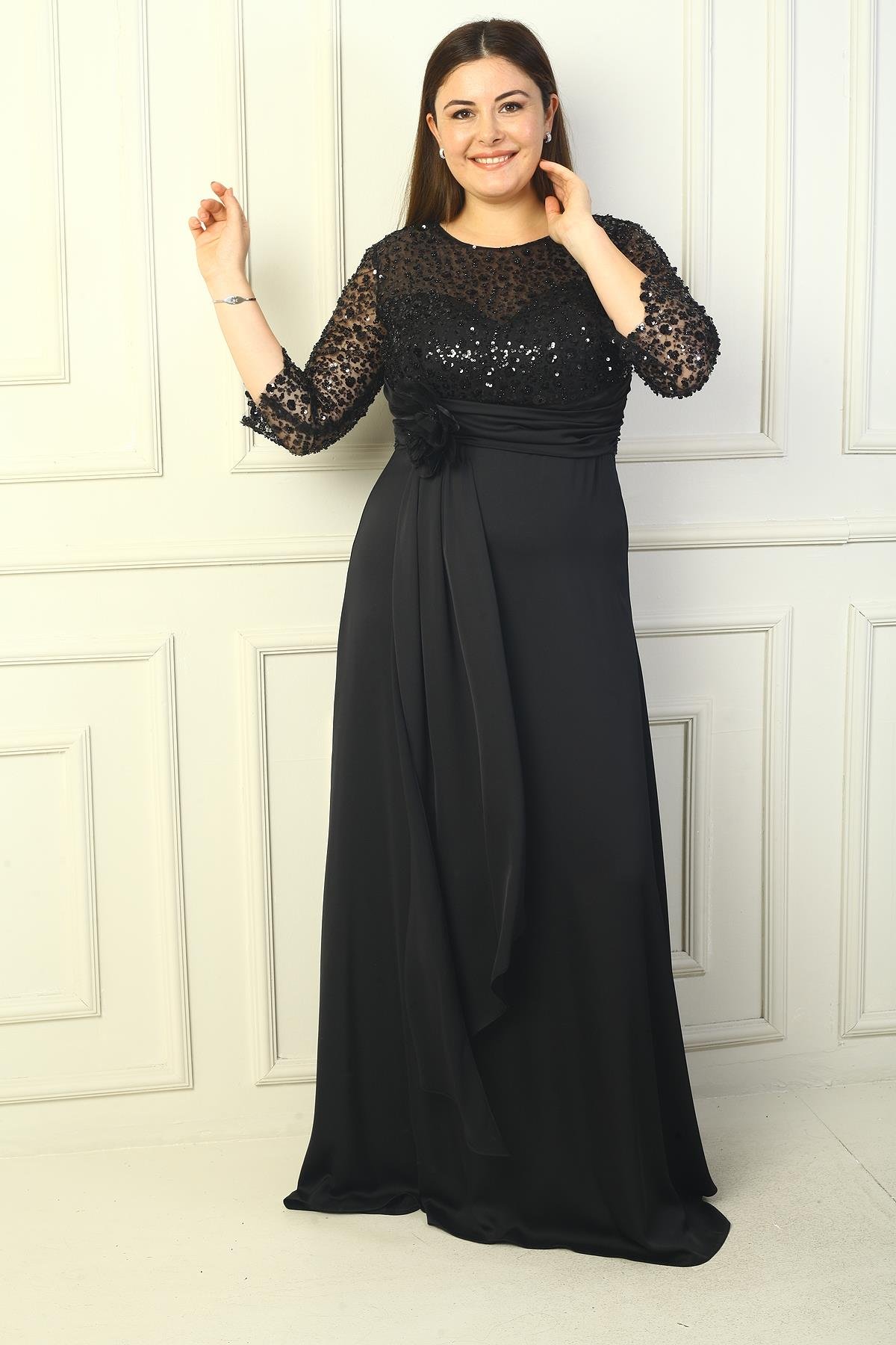 S-24Y0230039KadınÇiçekli Altı Saten Üstü Gritel Astarlı B.B. Uzun Elbise