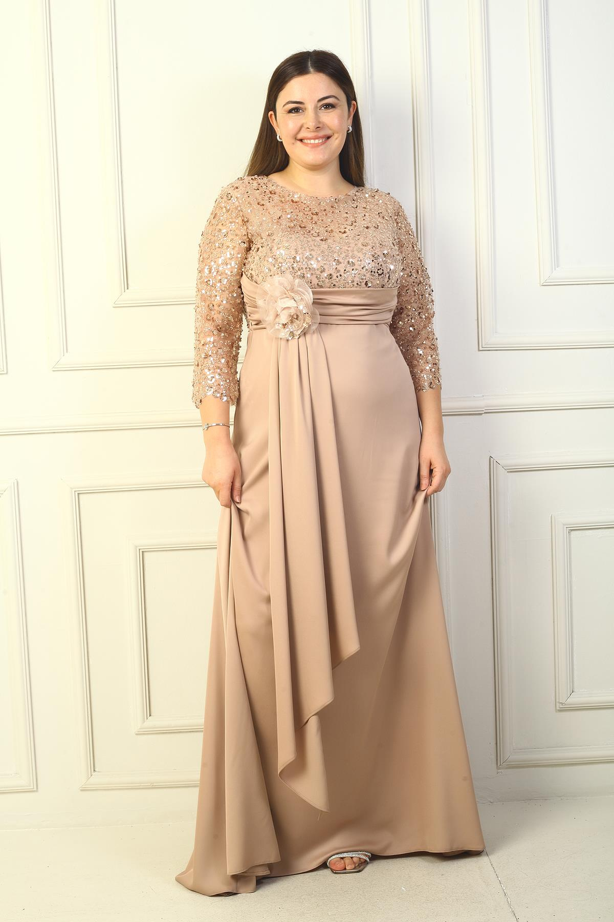 S-24Y0230039KadınÇiçekli Altı Saten Üstü Gritel Astarlı B.B. Uzun Elbise