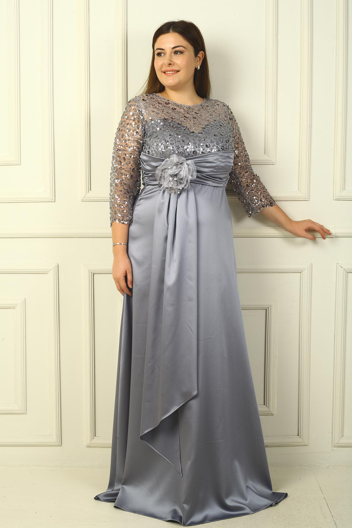 S-24Y0230039KadınÇiçekli Altı Saten Üstü Gritel Astarlı B.B. Uzun Elbise