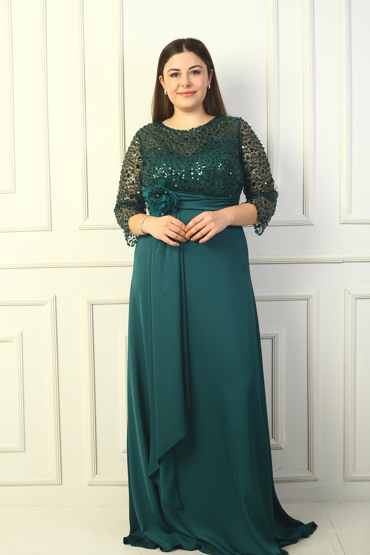 S-24Y0230039KadınÇiçekli Altı Saten Üstü Gritel Astarlı B.B. Uzun Elbise