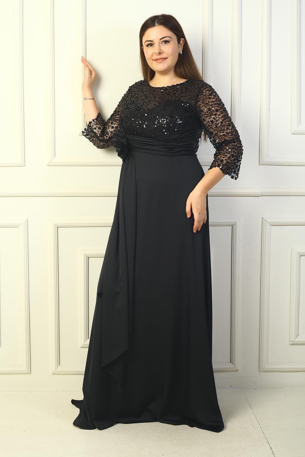 S-24Y0230039KadınÇiçekli Altı Saten Üstü Gritel Astarlı B.B. Uzun Elbise