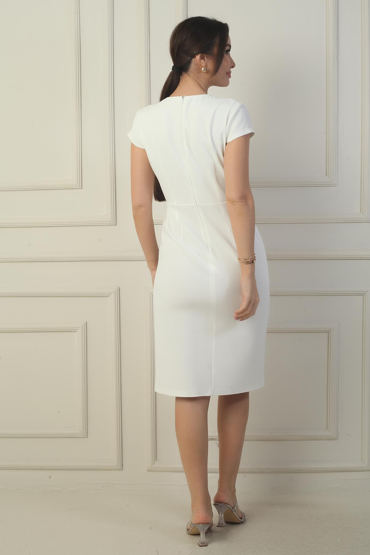 S-24Y0230040Kadın Kruvaze Yaka Yarım Ay Kollu Taş Detaylı Önü Yırtmaçlı B.B. Elbise