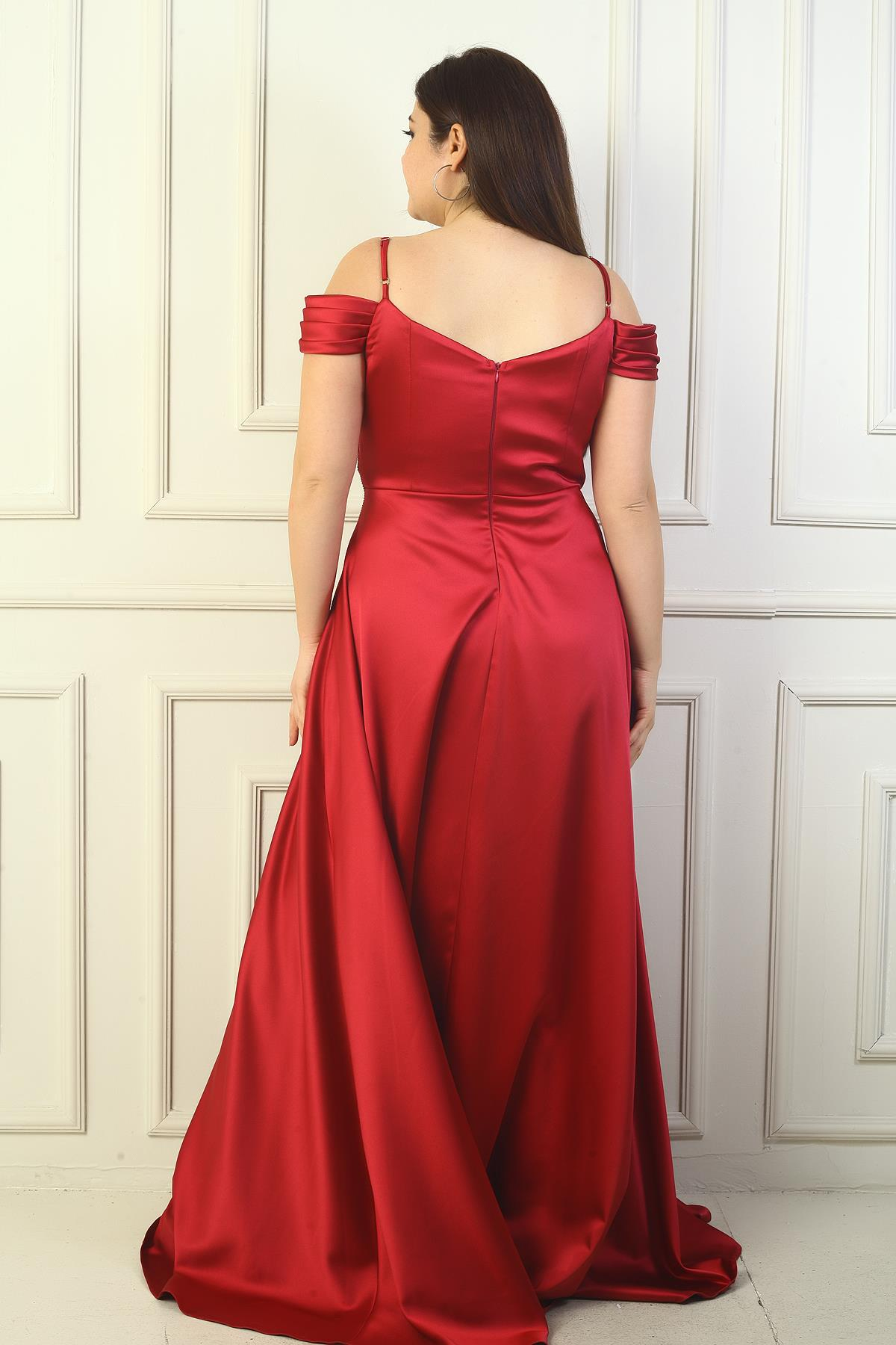 S-24Y0230045Kadın Ön Arka V Yaka İp Askılı Düşük Kol Taş İşlemeli Astarlı Büyük Beden Uzun Saten Abiye Elbise