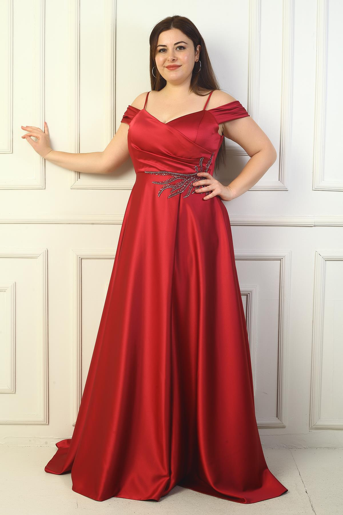 S-24Y0230045Kadın Ön Arka V Yaka İp Askılı Düşük Kol Taş İşlemeli Astarlı Büyük Beden Uzun Saten Abiye Elbise