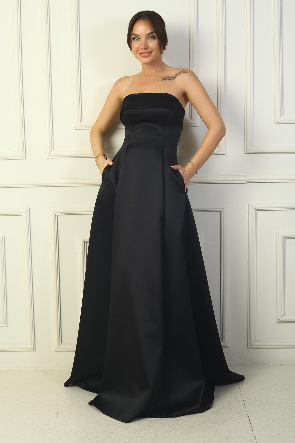 S-24Y0230046Kadın Straplez Astarlı Cepli Uzun Saten Abiye Elbise