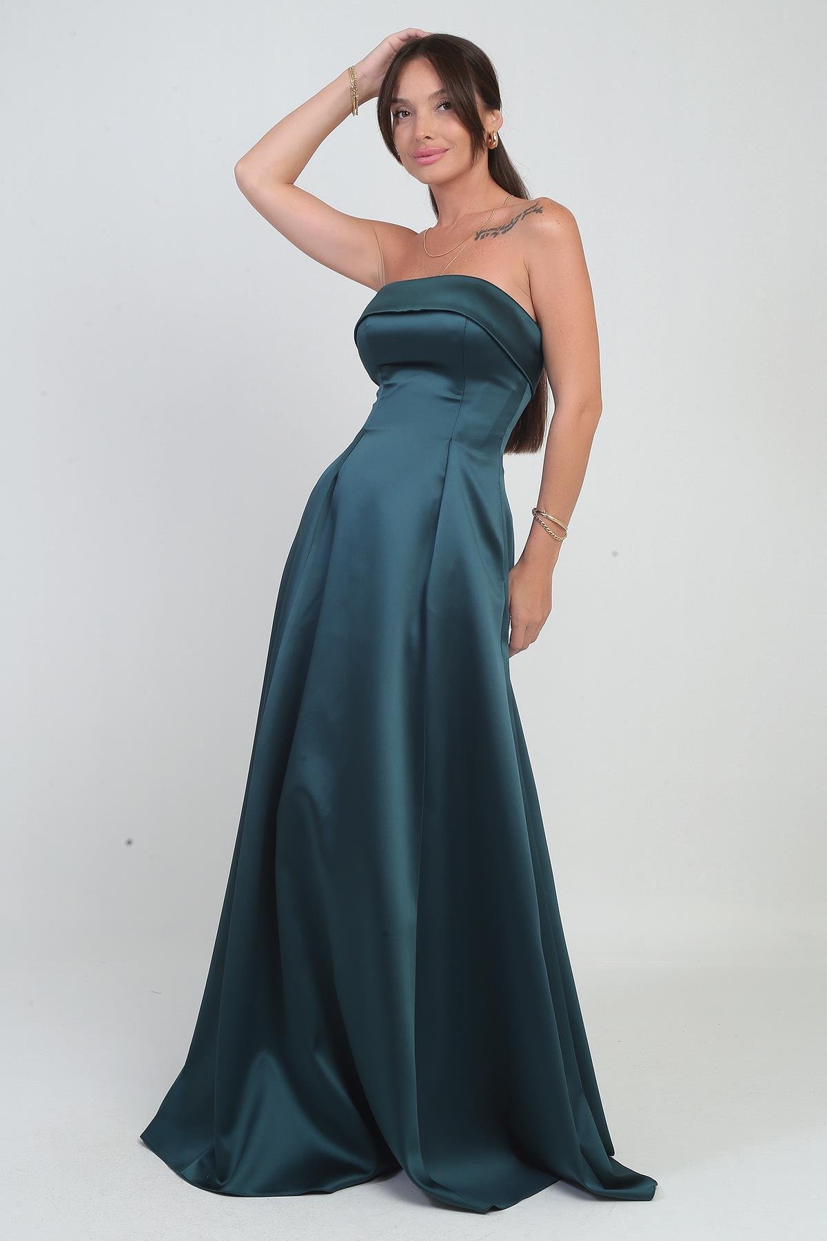 S-24Y0230046Kadın Straplez Astarlı Cepli Uzun Saten Abiye Elbise