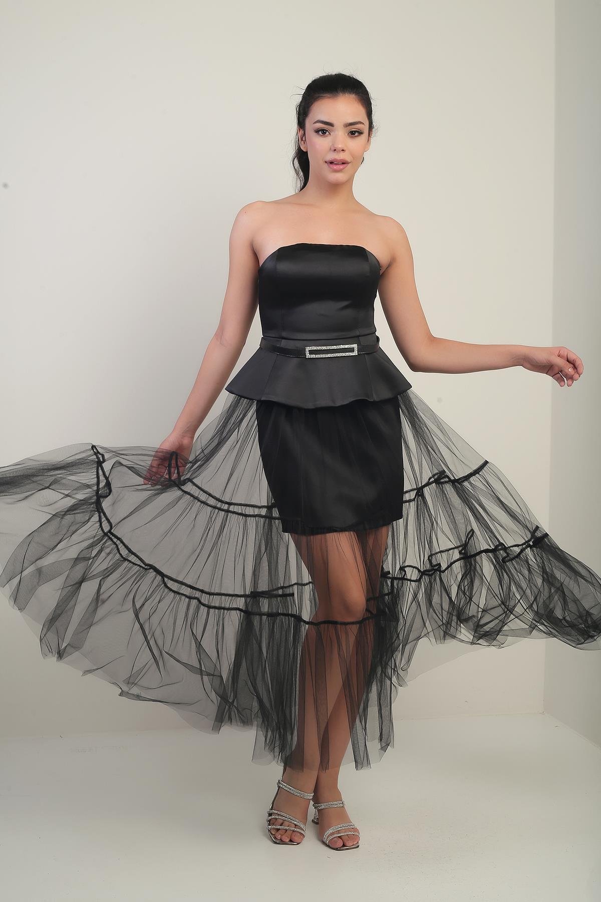 S-24Y0230049Kadın Straplez Eteği Tül Üstü Saten Astarlı Kemerli Elbise