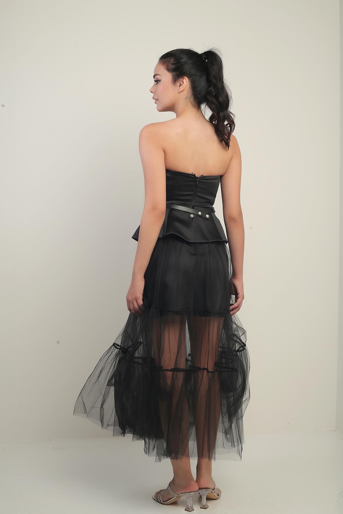 S-24Y0230049Kadın Straplez Eteği Tül Üstü Saten Astarlı Kemerli Elbise