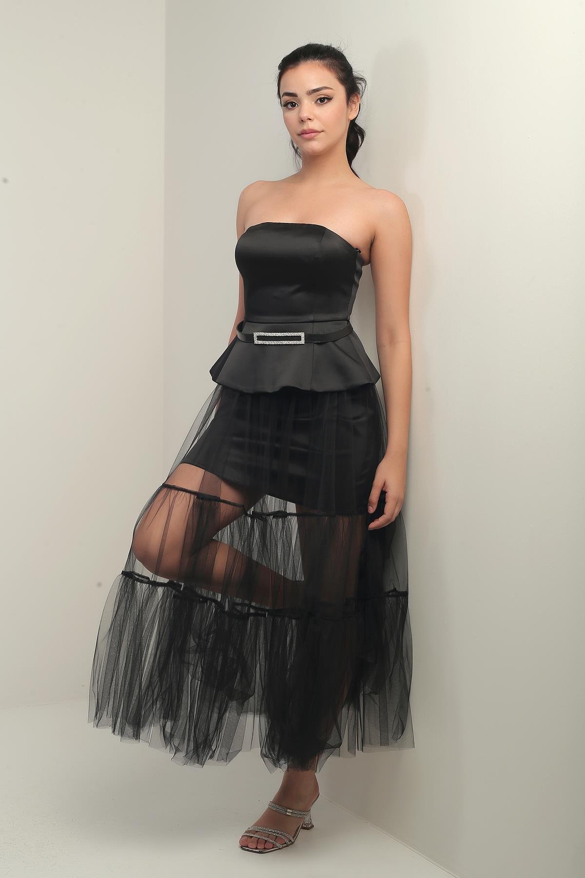 S-24Y0230049Kadın Straplez Eteği Tül Üstü Saten Astarlı Kemerli Elbise