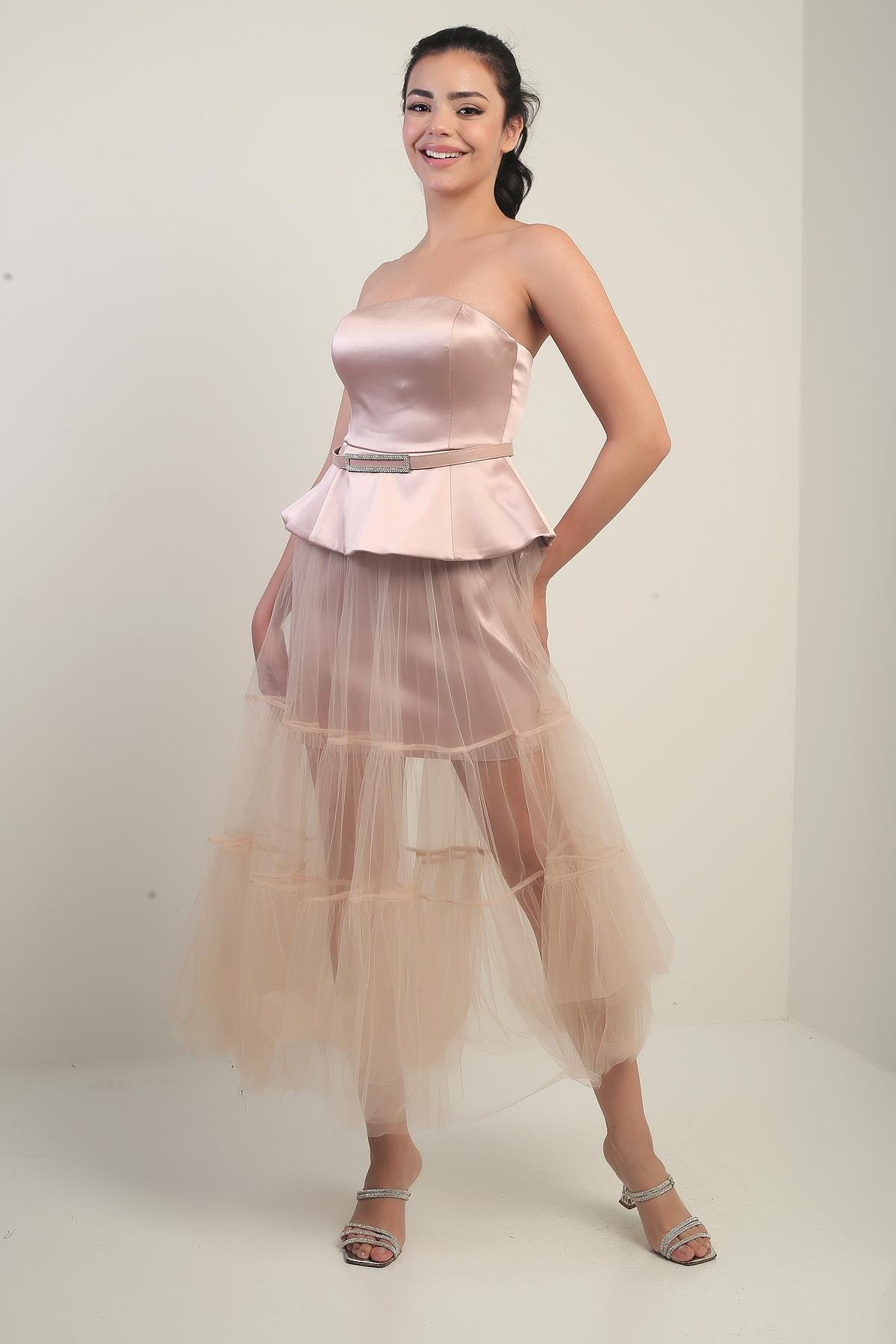 S-24Y0230049Kadın Straplez Eteği Tül Üstü Saten Astarlı Kemerli Elbise