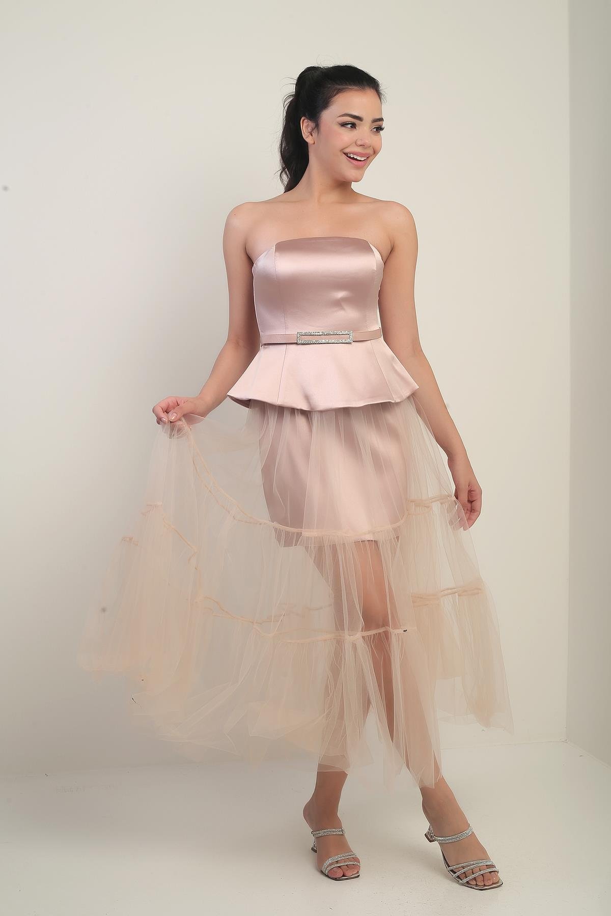 S-24Y0230049Kadın Straplez Eteği Tül Üstü Saten Astarlı Kemerli Elbise