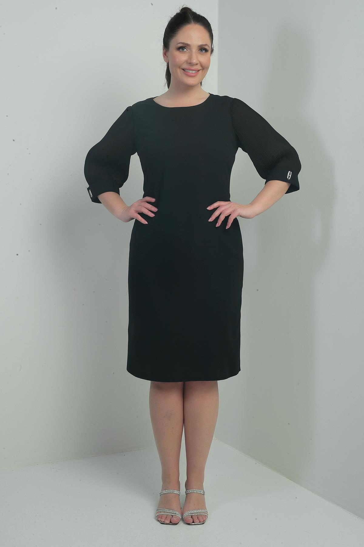 S-24Y0230056Kadın Kolları Şifon Piliseli Astarlı Büyük Beden Elbise