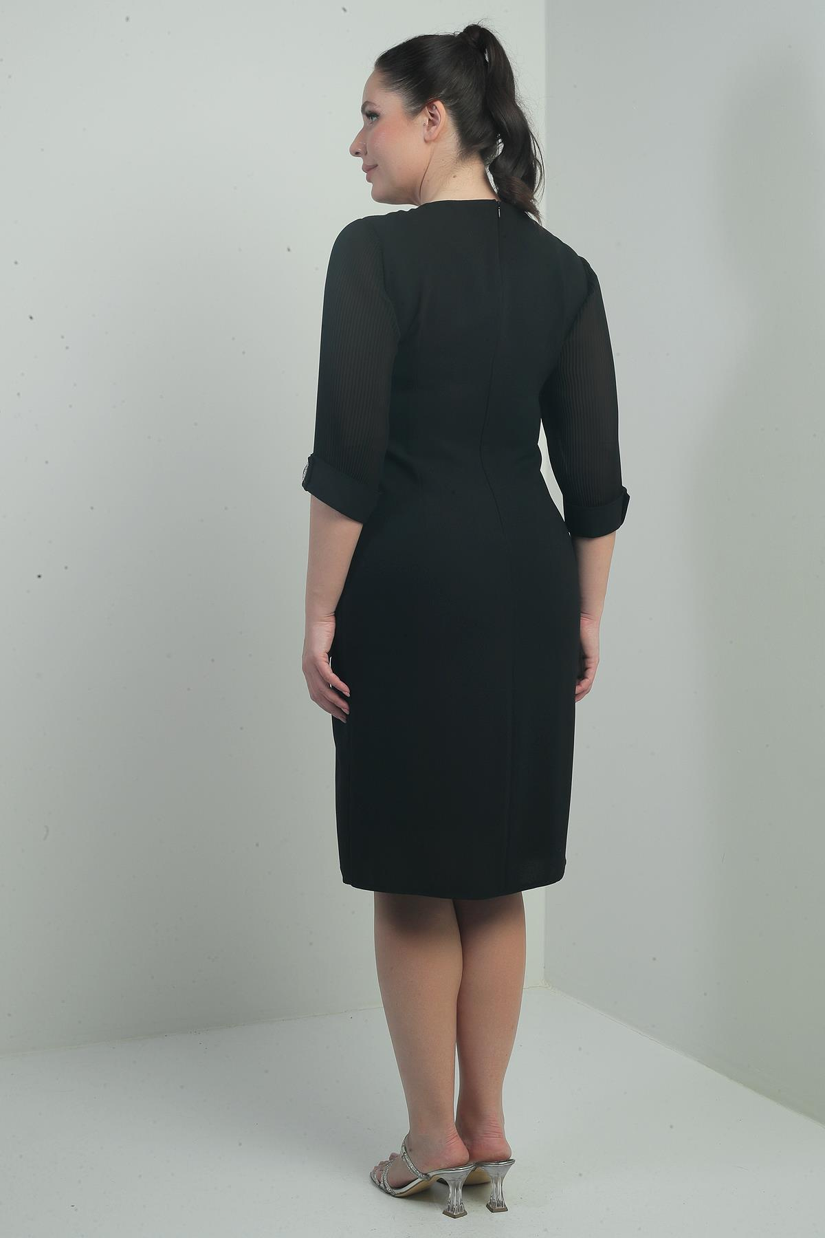 S-24Y0230056Kadın Kolları Şifon Piliseli Astarlı Büyük Beden Elbise