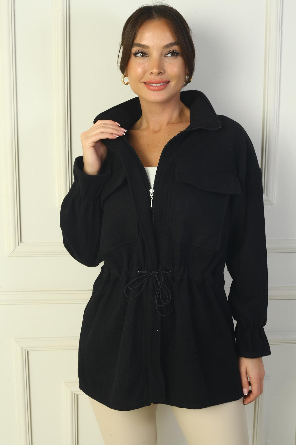 S-24Y0250002Kadın Önü Fermuarlı Bel Ve Kol Uçları Büzgülü Çift Cepli Kaşe Mont