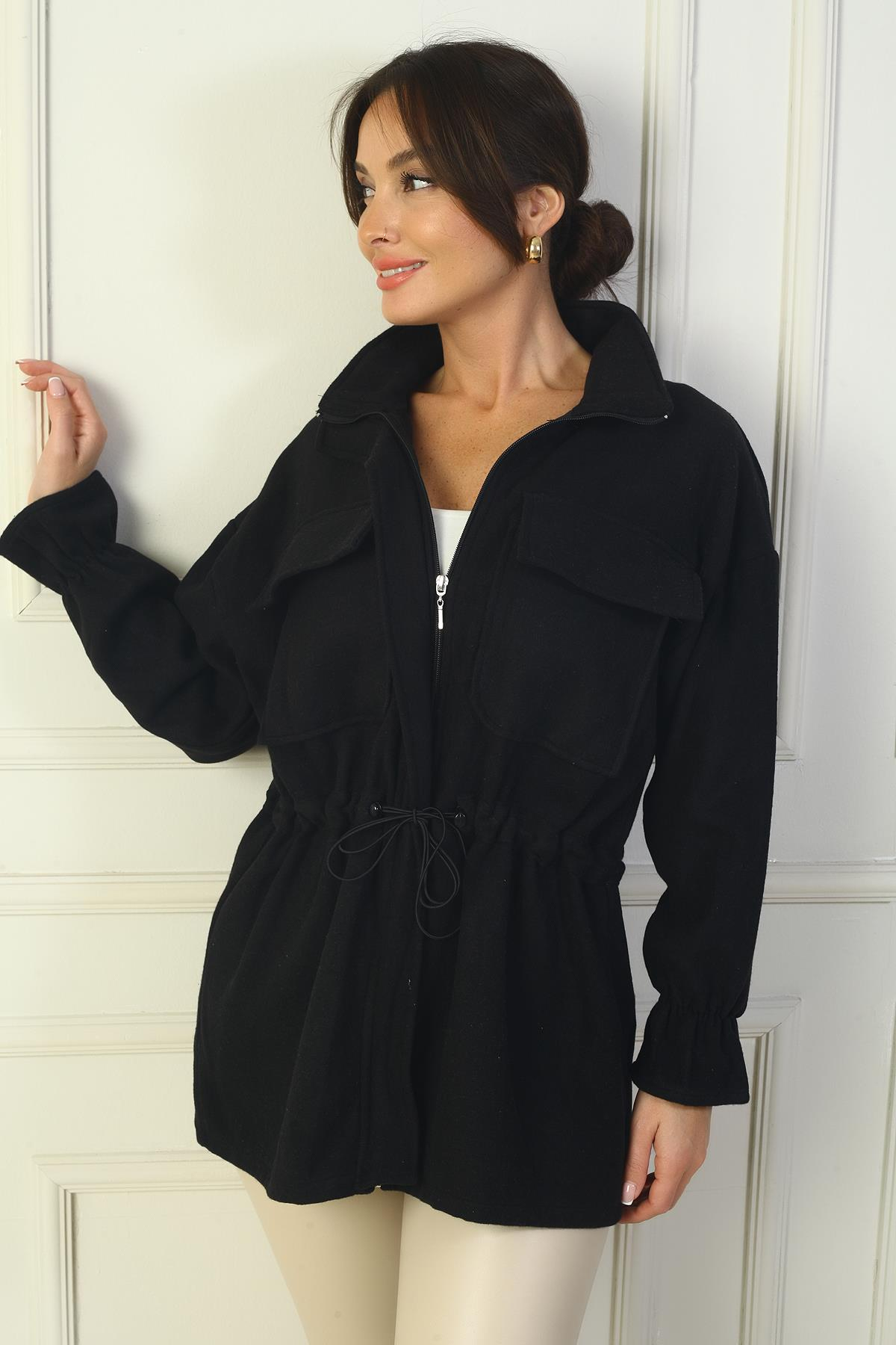 S-24Y0250002Kadın Önü Fermuarlı Bel Ve Kol Uçları Büzgülü Çift Cepli Kaşe Mont