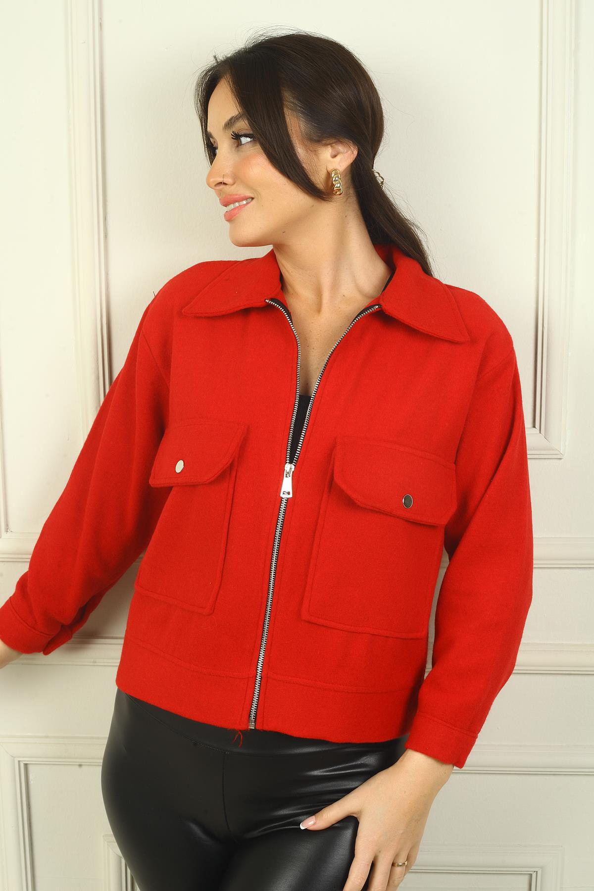 S-24Y0250003Kadın Önü Fermuarlı Torba Cepli kaşe Kısa Mont