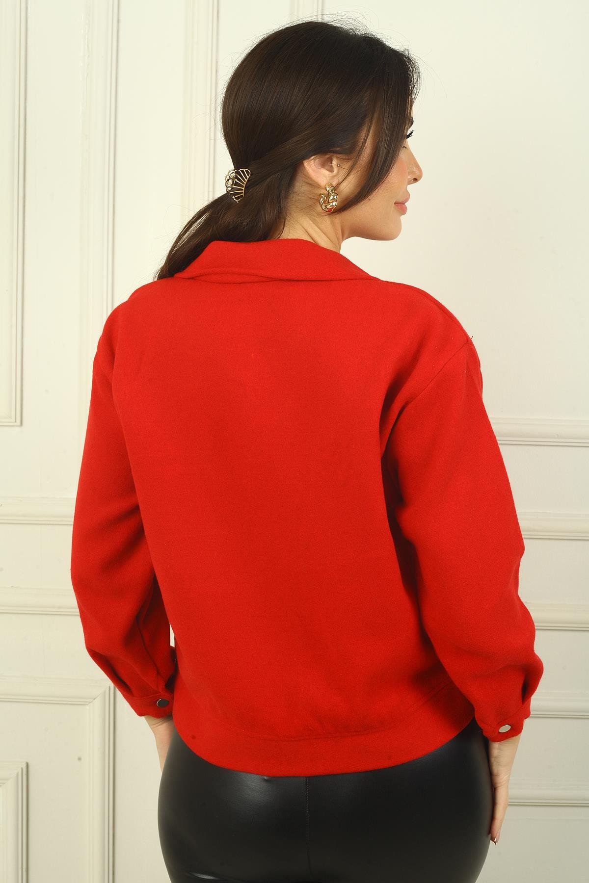 S-24Y0250003Kadın Önü Fermuarlı Torba Cepli kaşe Kısa Mont