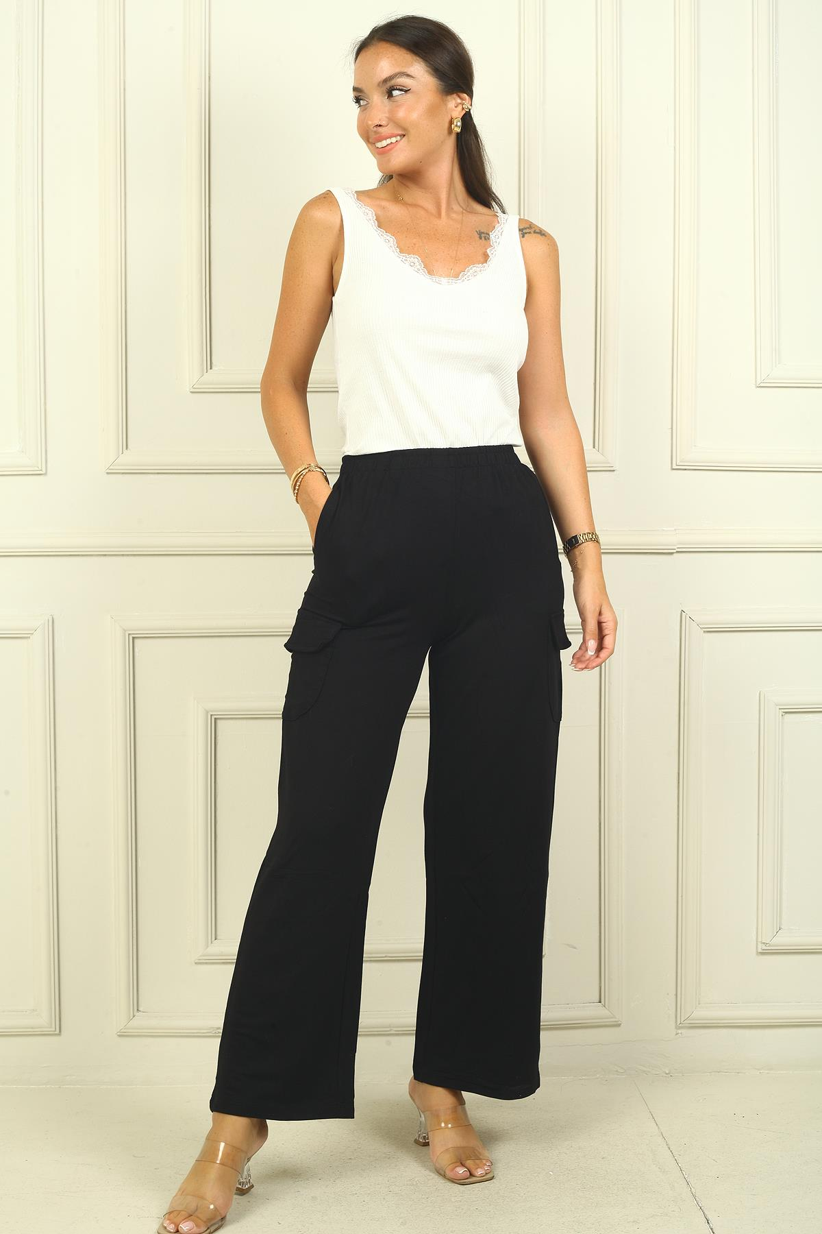 S-24Y0270019Kadın Beli Lastikli Kargo Cepli Palazzo Pantolon