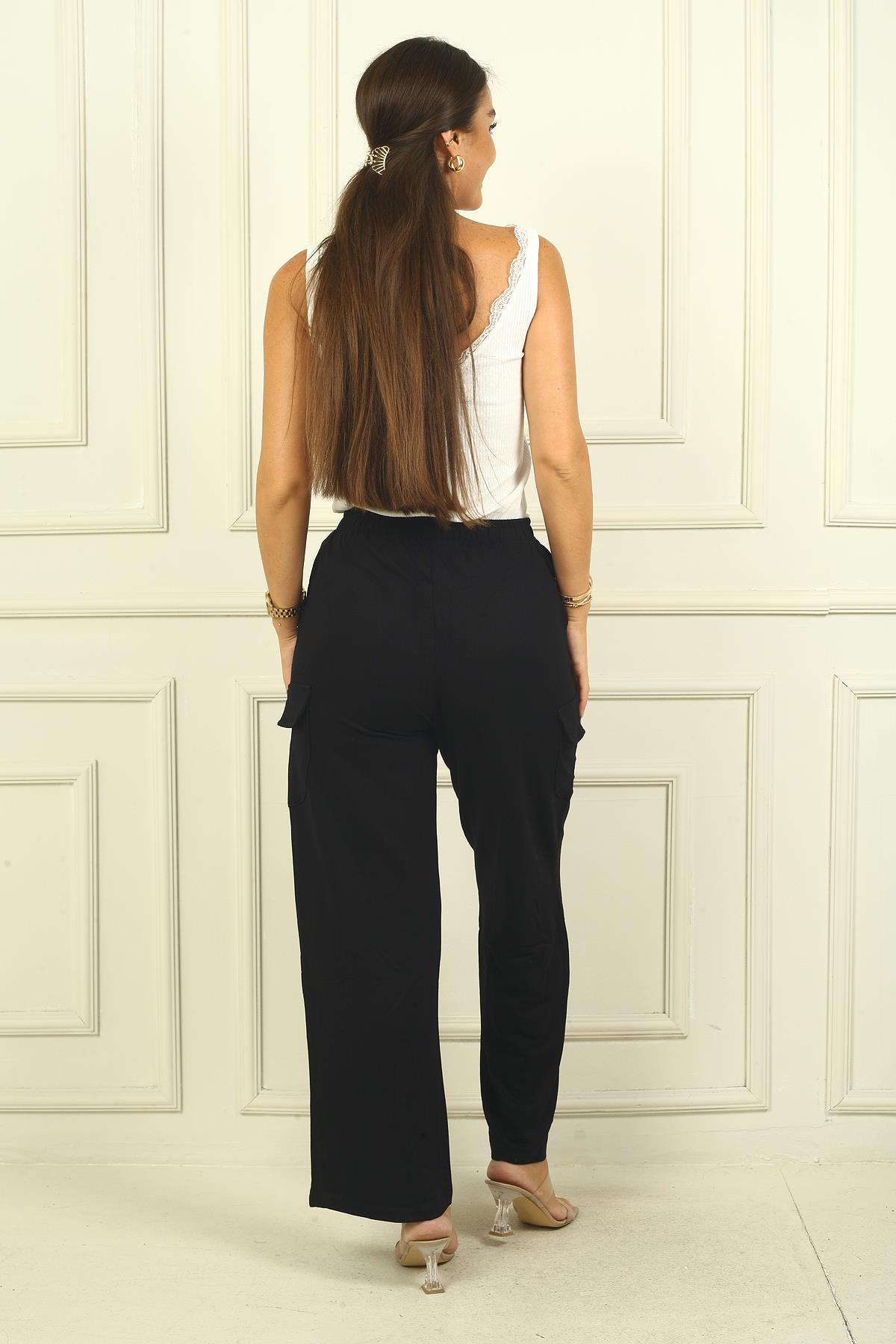 S-24Y0270019Kadın Beli Lastikli Kargo Cepli Palazzo Pantolon