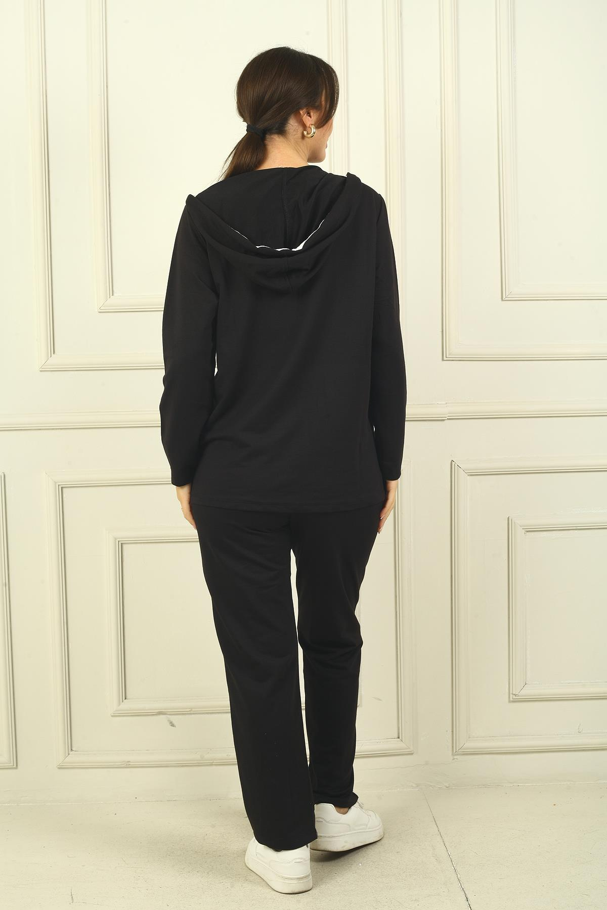 S-24Y0270030Kadın Kapşonlu Çift Cepli Rahat Kalıp Biyeli İkili Takım