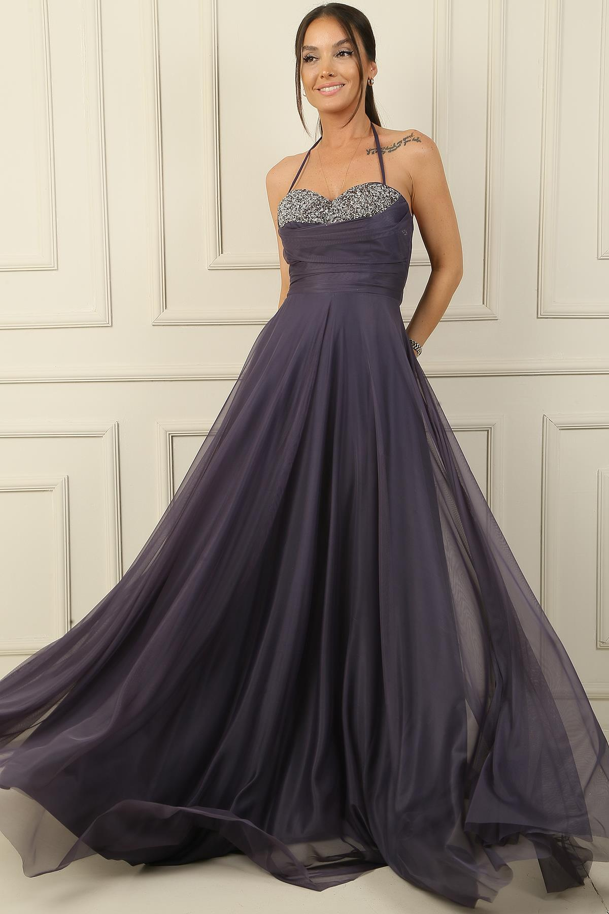 S-24Y0490001Önü Drapeli Taş Detaylı Astarlı Uzun Tül Abiye Elbise