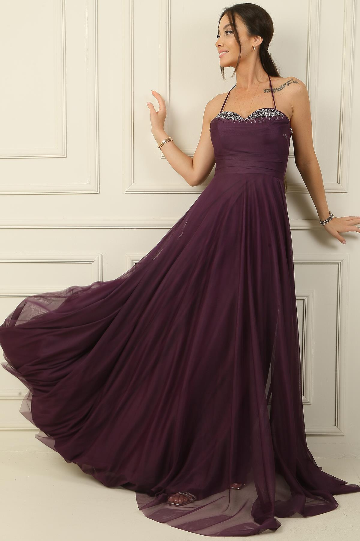 S-24Y0490001Önü Drapeli Taş Detaylı Astarlı Uzun Tül Abiye Elbise