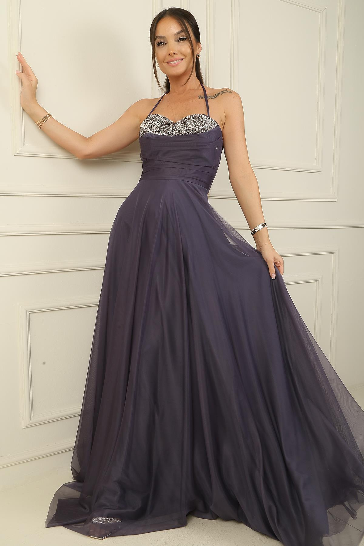 S-24Y0490001Önü Drapeli Taş Detaylı Astarlı Uzun Tül Abiye Elbise