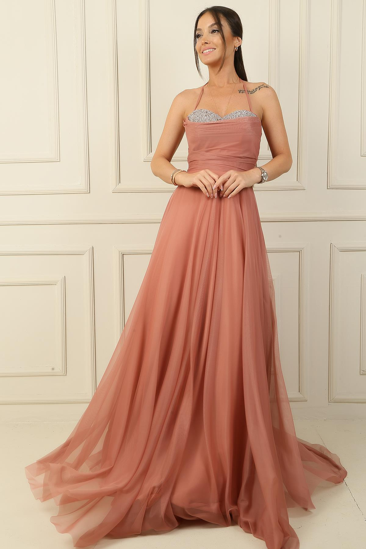 S-24Y0490001Önü Drapeli Taş Detaylı Astarlı Uzun Tül Abiye Elbise