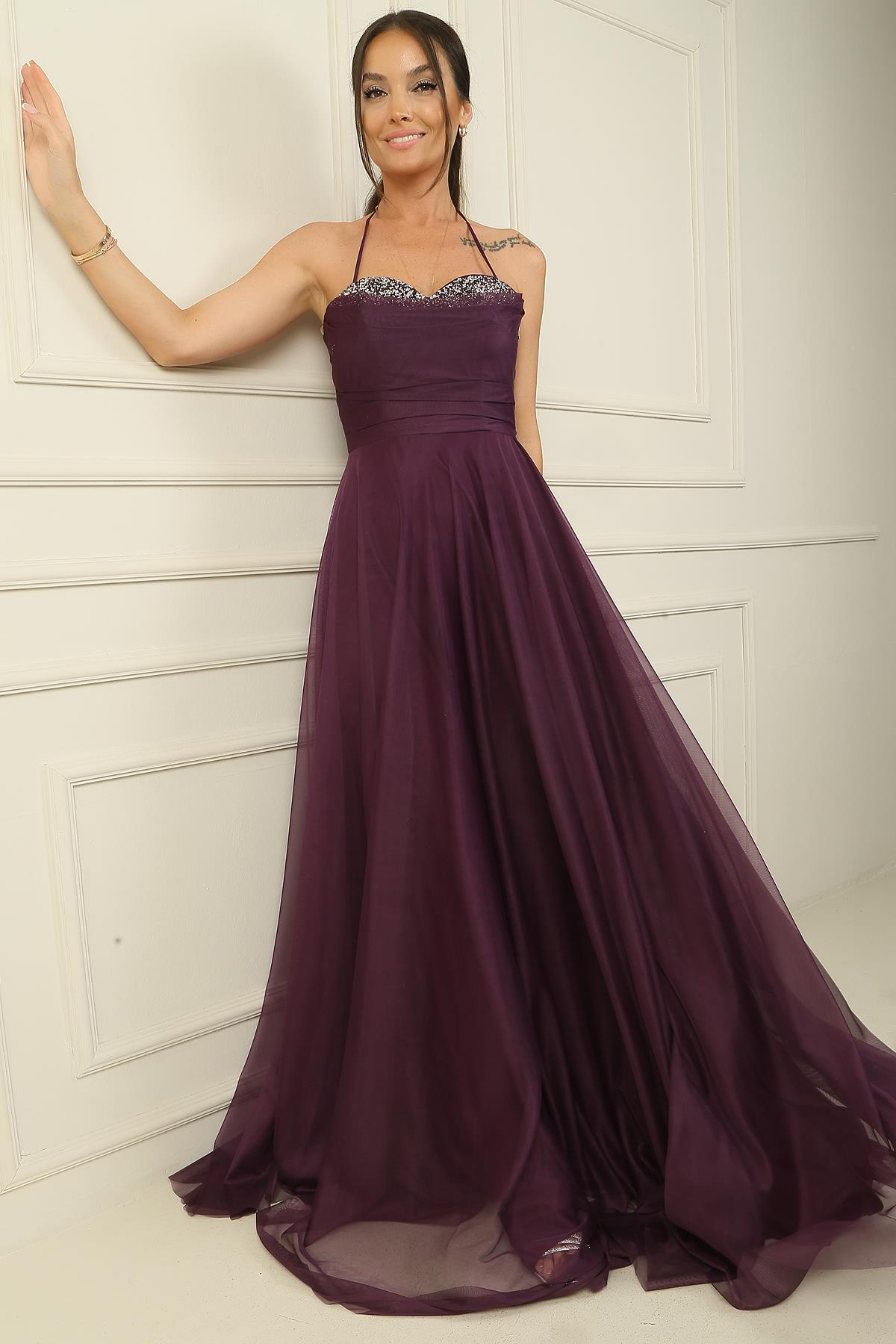 S-24Y0490001Önü Drapeli Taş Detaylı Astarlı Uzun Tül Abiye Elbise