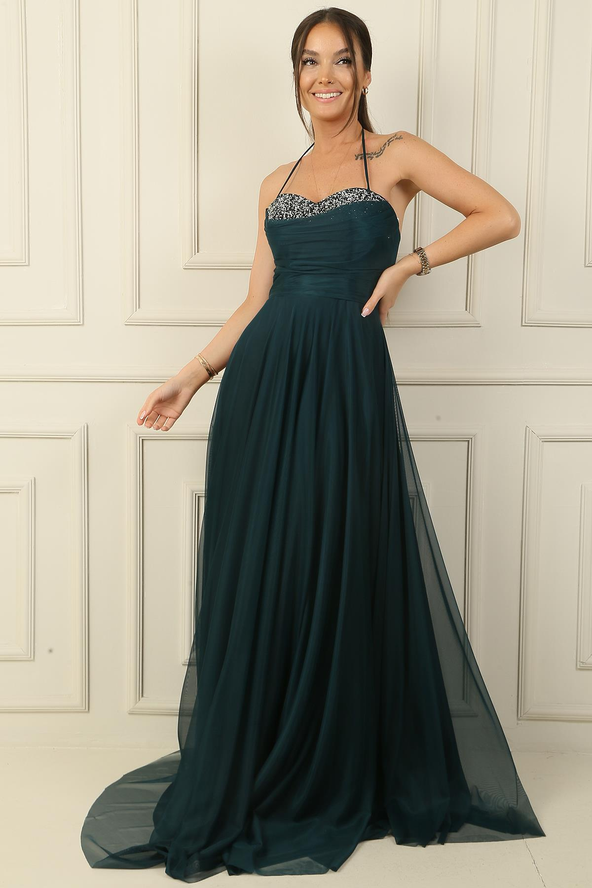 S-24Y0490001Önü Drapeli Taş Detaylı Astarlı Uzun Tül Abiye Elbise