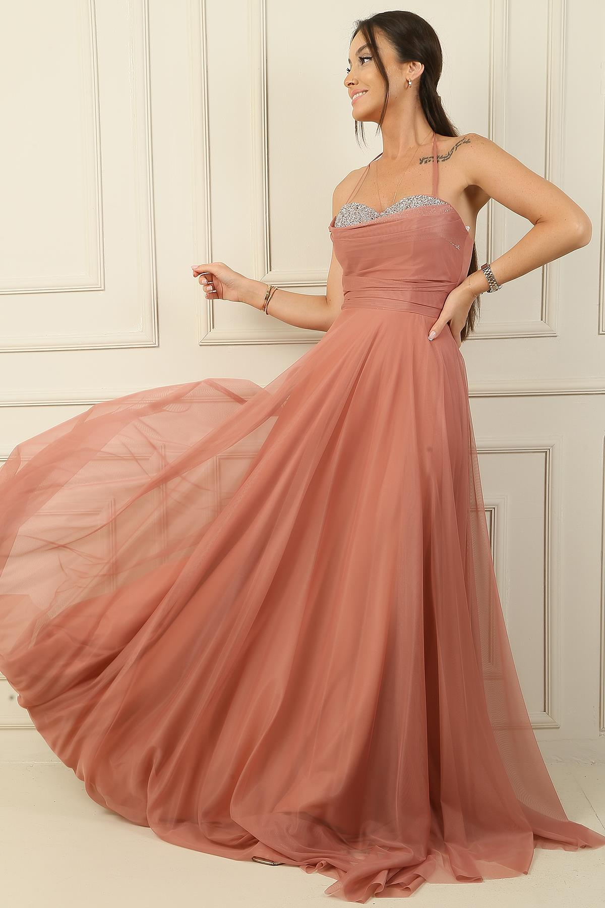 S-24Y0490001Önü Drapeli Taş Detaylı Astarlı Uzun Tül Abiye Elbise