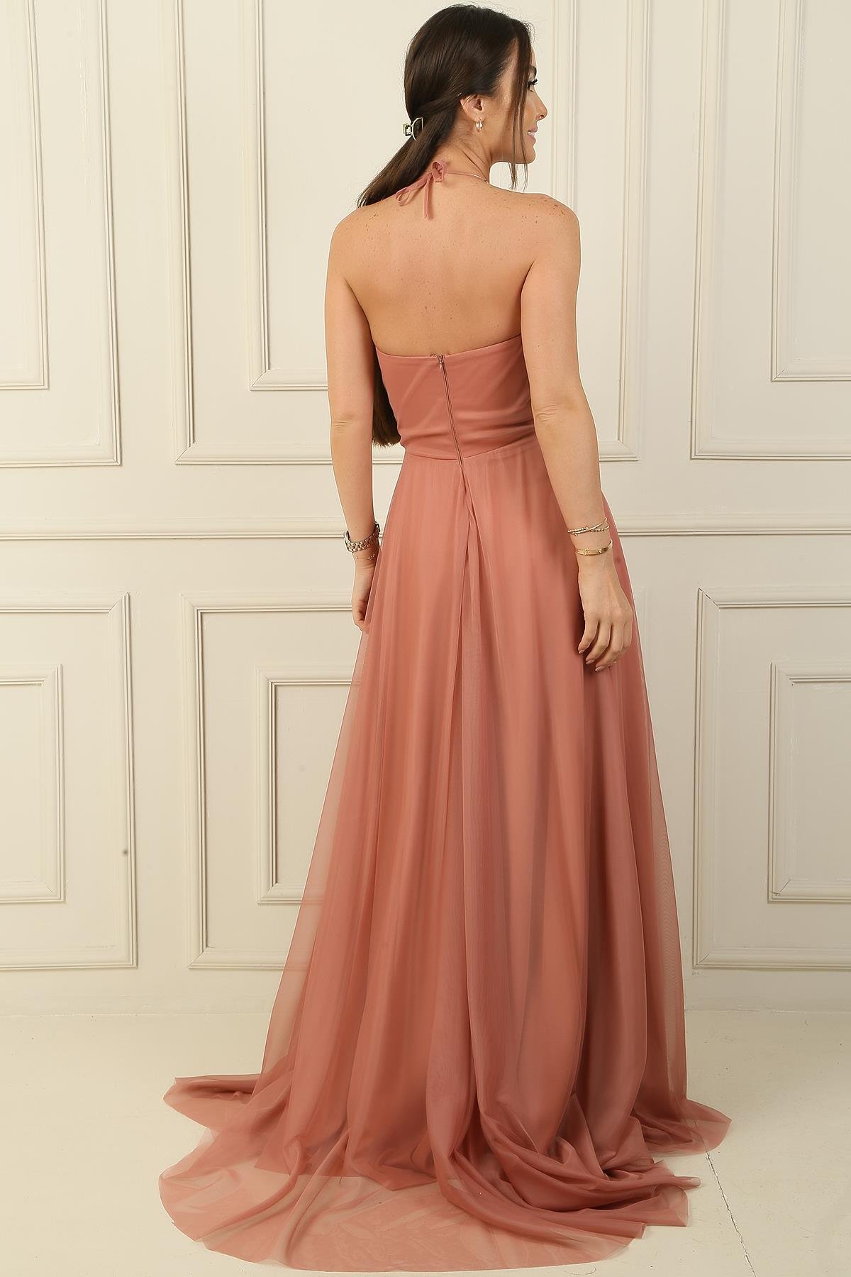 S-24Y0490001Önü Drapeli Taş Detaylı Astarlı Uzun Tül Abiye Elbise