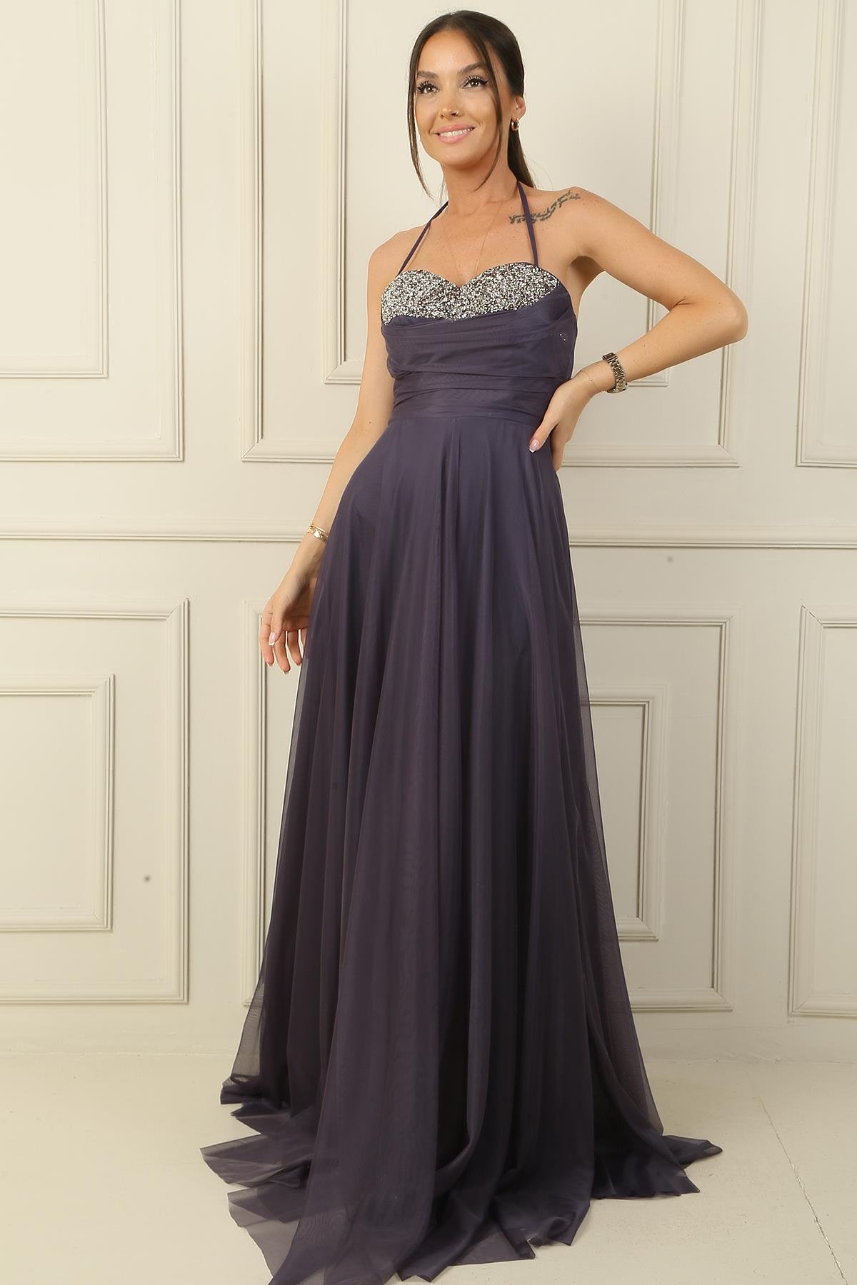 S-24Y0490001Önü Drapeli Taş Detaylı Astarlı Uzun Tül Abiye Elbise