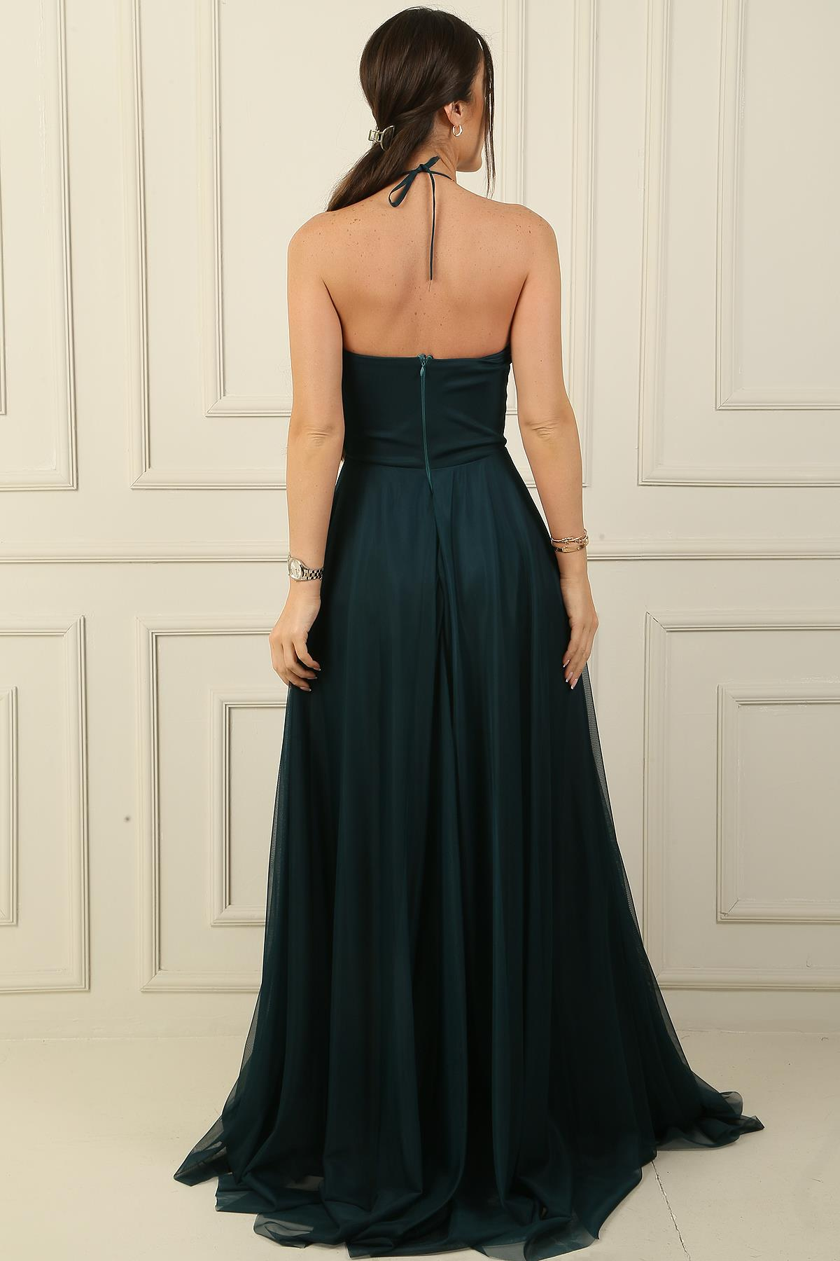 S-24Y0490001Önü Drapeli Taş Detaylı Astarlı Uzun Tül Abiye Elbise