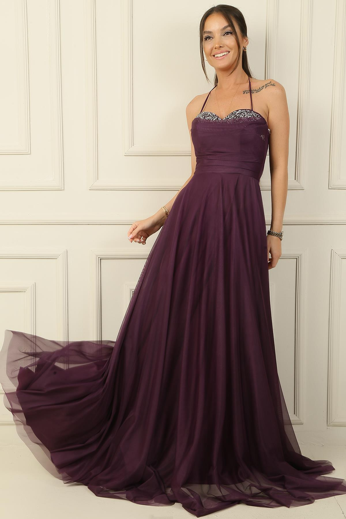 S-24Y0490001Önü Drapeli Taş Detaylı Astarlı Uzun Tül Abiye Elbise