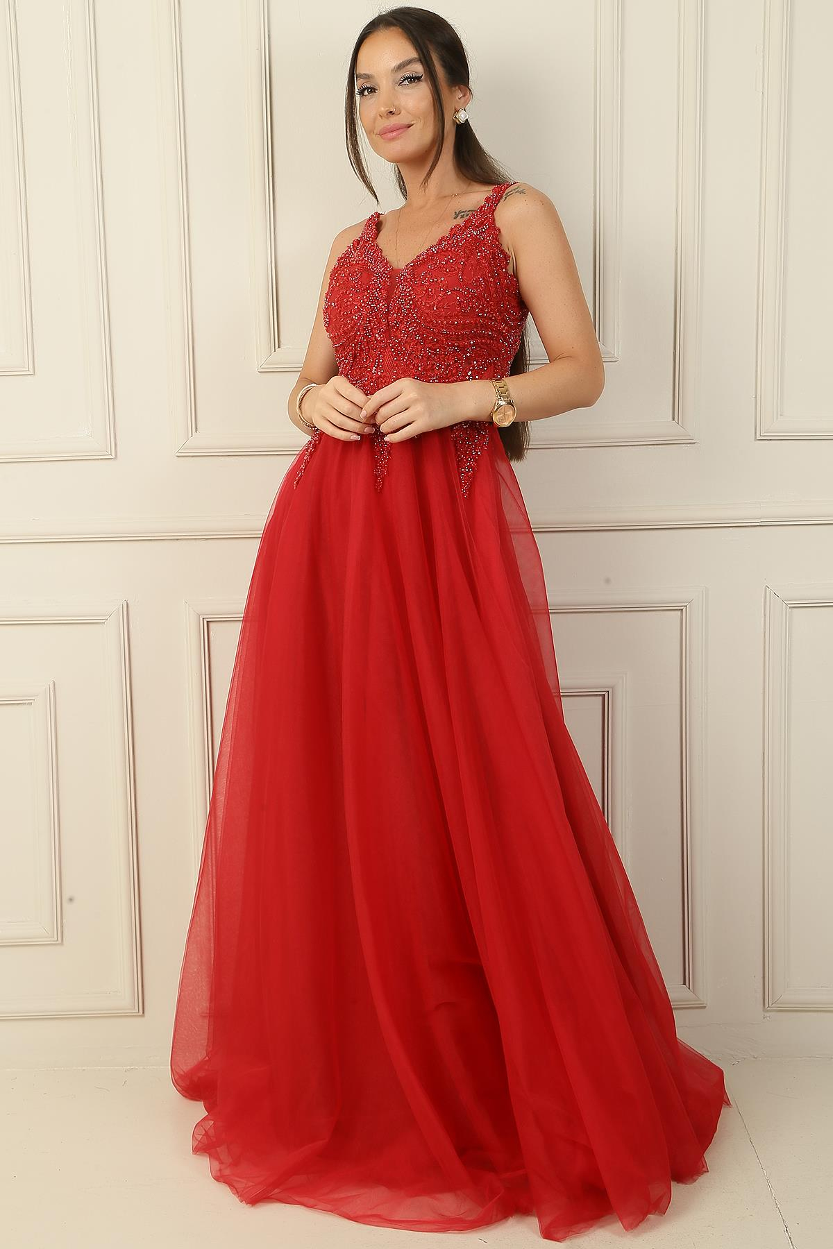 S-24Y0490003Ön Arka V Yaka Boncuk İşlemeli Astarlı Uzun Tül Abiye Elbise