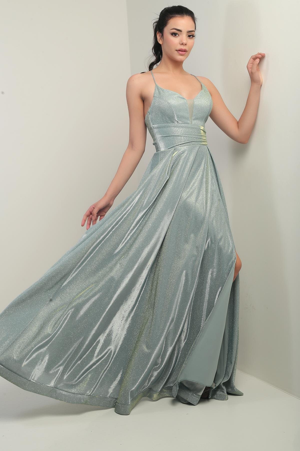 S-24Y0490006İp Askılı Astarlı Simli Uzun Abiye Elbise