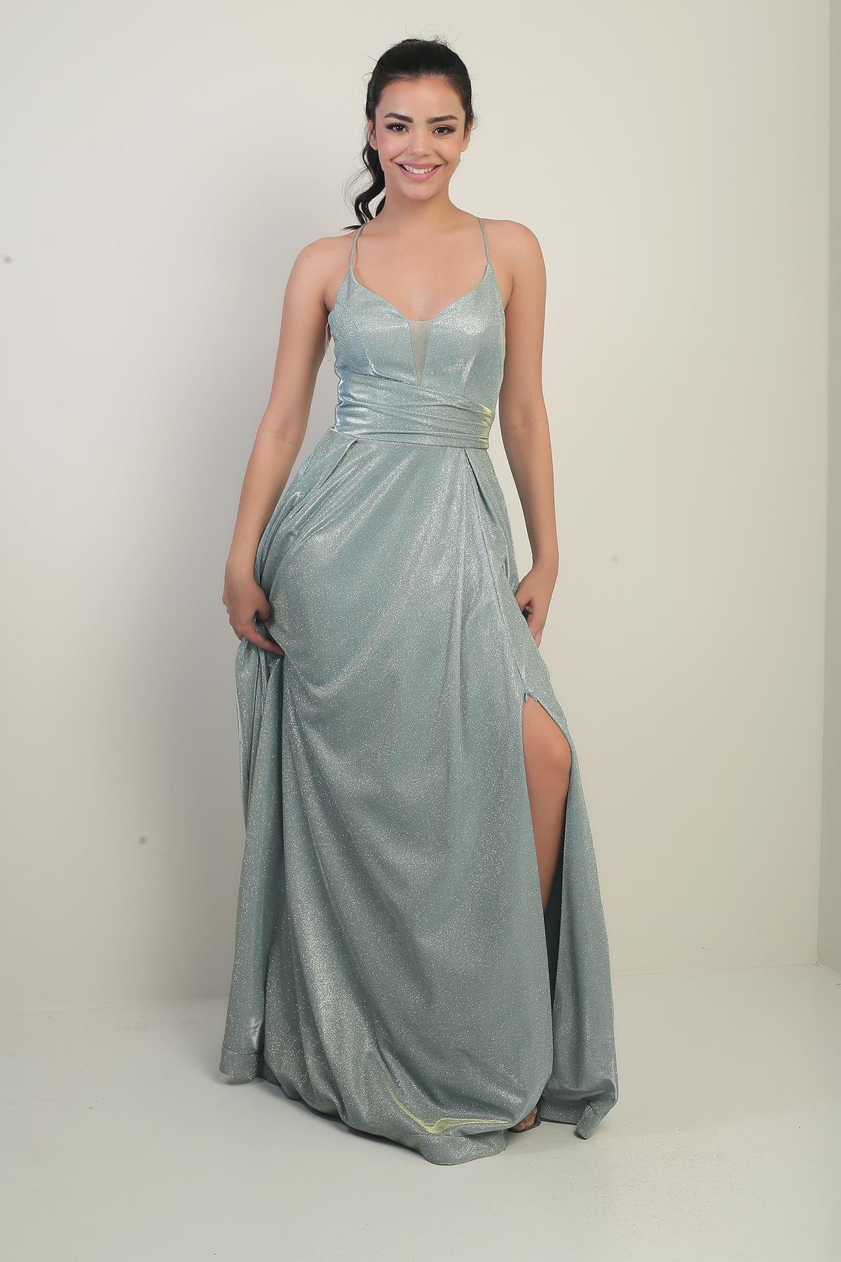 S-24Y0490006İp Askılı Astarlı Simli Uzun Abiye Elbise