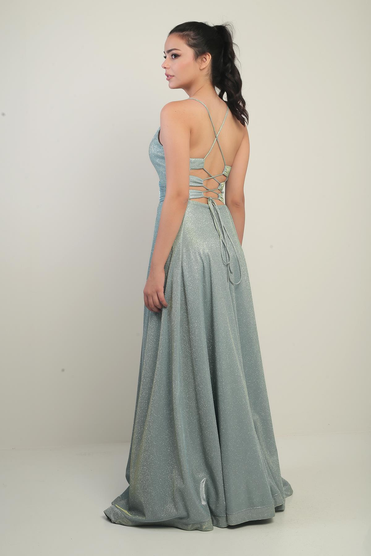 S-24Y0490006İp Askılı Astarlı Simli Uzun Abiye Elbise