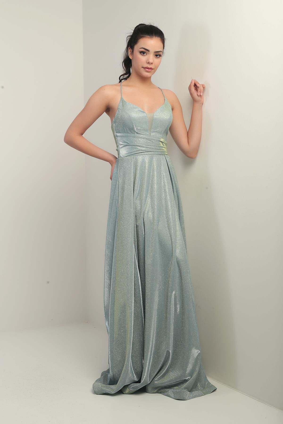 S-24Y0490006İp Askılı Astarlı Simli Uzun Abiye Elbise