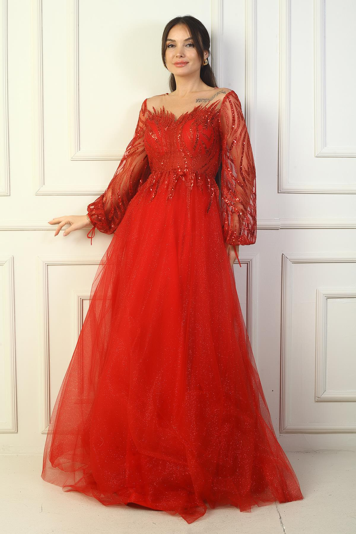 S-24Y0490016Kadın Pul Detaylı Arkası Bağcıklı Astarlı Simli Uzun Abiye Elbise