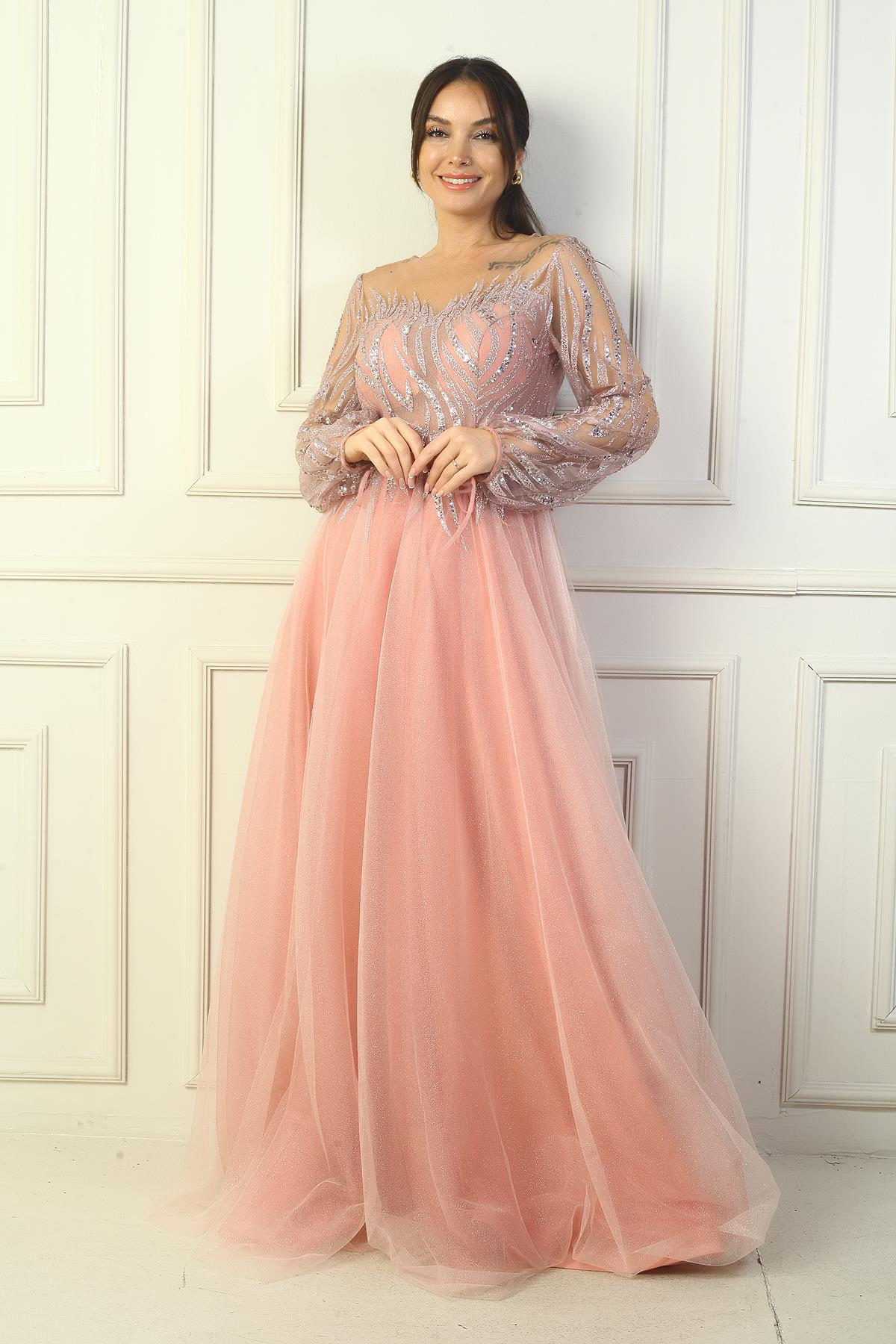 S-24Y0490016Kadın Pul Detaylı Arkası Bağcıklı Astarlı Simli Uzun Abiye Elbise