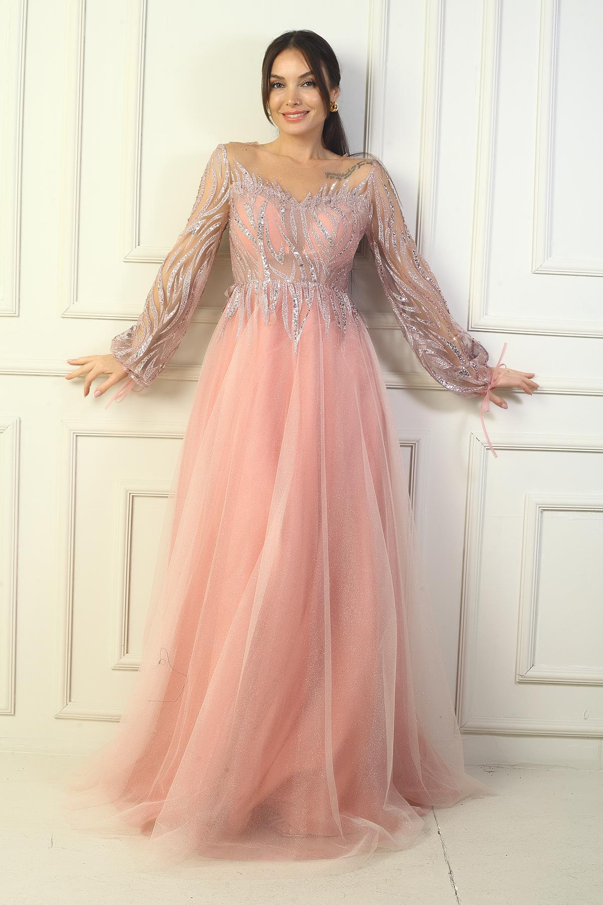 S-24Y0490016Kadın Pul Detaylı Arkası Bağcıklı Astarlı Simli Uzun Abiye Elbise