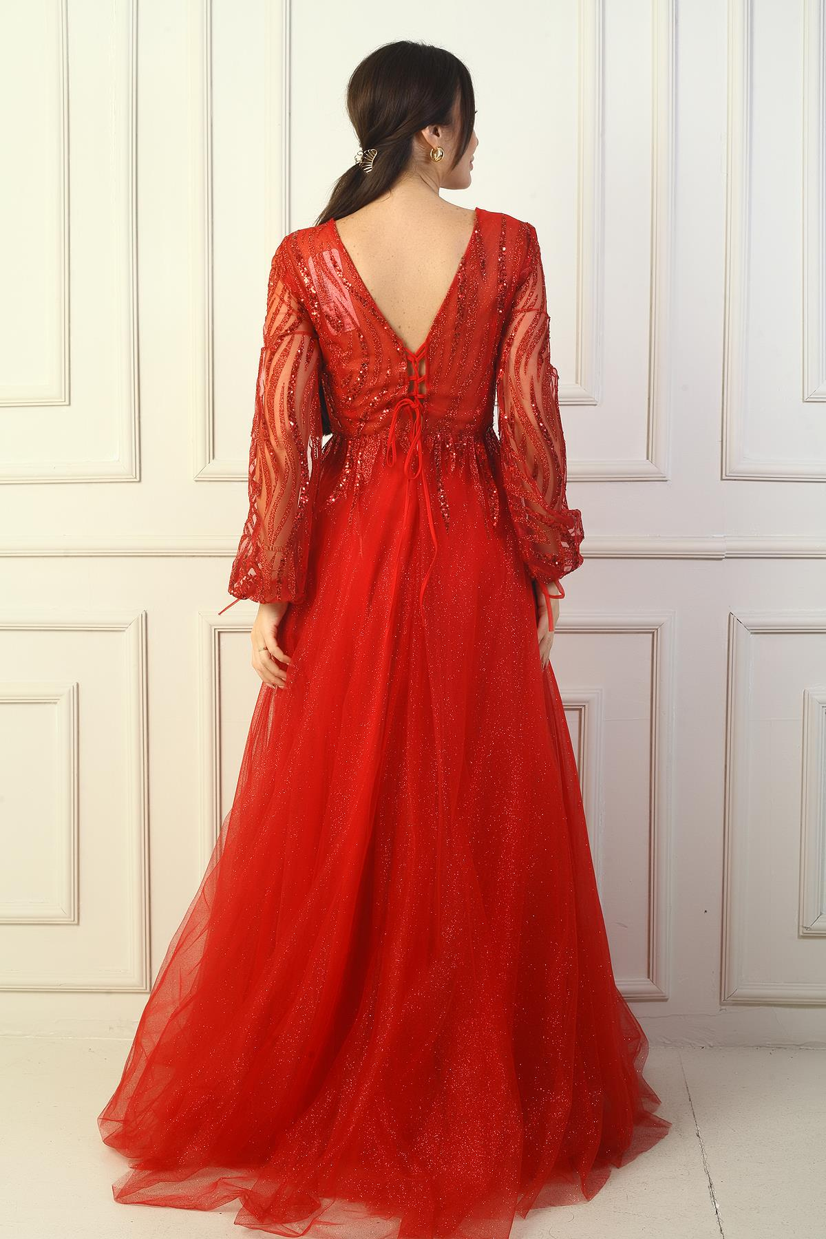 S-24Y0490016Kadın Pul Detaylı Arkası Bağcıklı Astarlı Simli Uzun Abiye Elbise