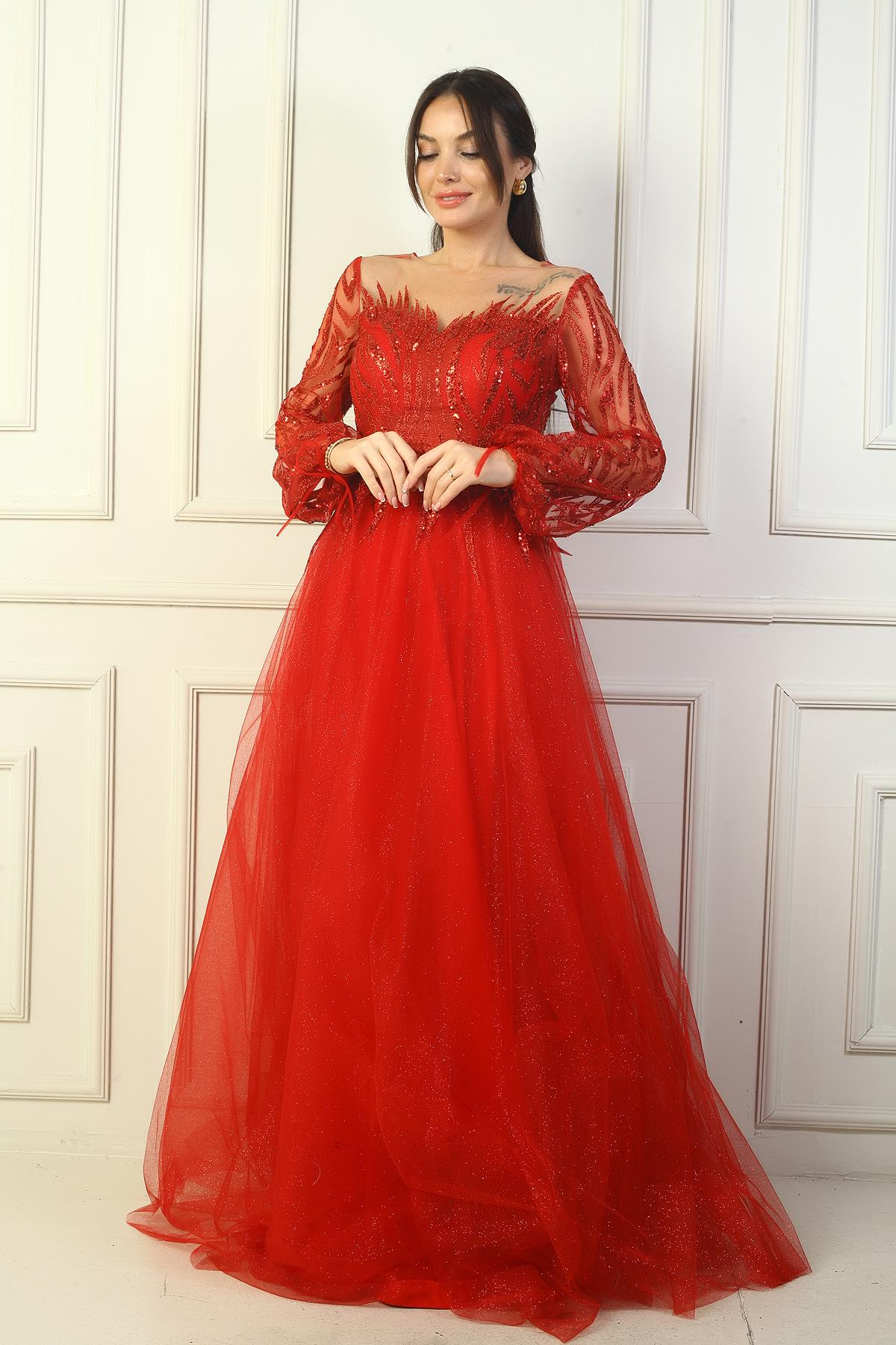 S-24Y0490016Kadın Pul Detaylı Arkası Bağcıklı Astarlı Simli Uzun Abiye Elbise