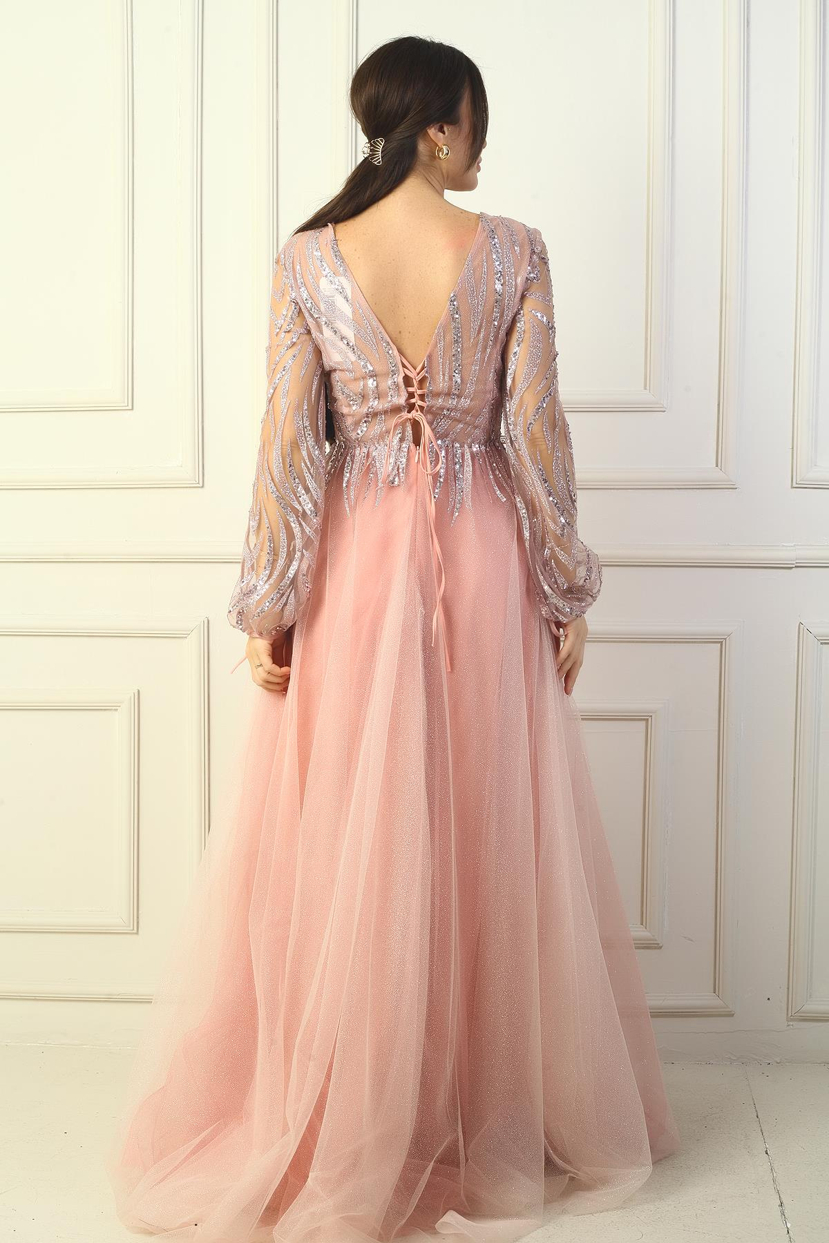 S-24Y0490016Kadın Pul Detaylı Arkası Bağcıklı Astarlı Simli Uzun Abiye Elbise