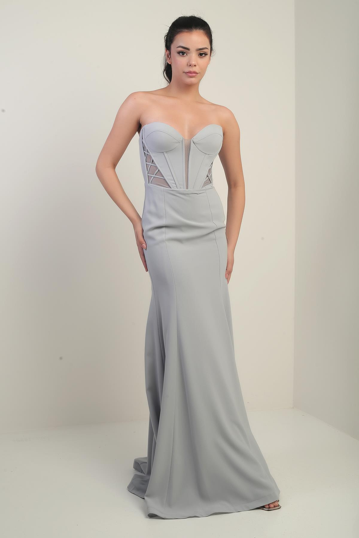 S-24Y0490017Kadın Straplez Arkası Bağcıklı Astarlı Balenli Uzun Balık Abiye Elbise