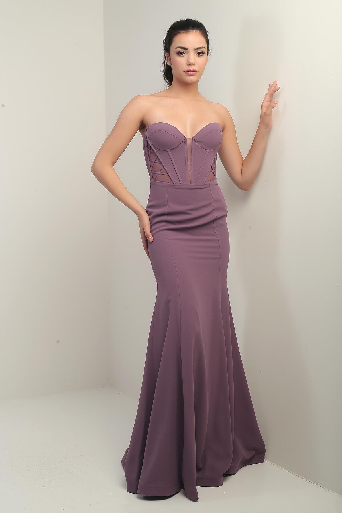 S-24Y0490017Kadın Straplez Arkası Bağcıklı Astarlı Balenli Uzun Balık Abiye Elbise