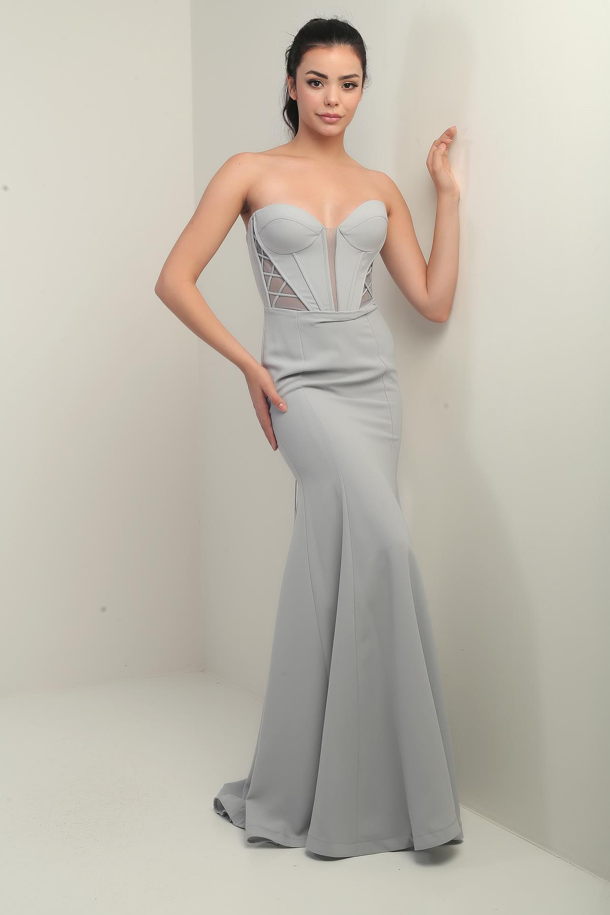 S-24Y0490017Kadın Straplez Arkası Bağcıklı Astarlı Balenli Uzun Balık Abiye Elbise